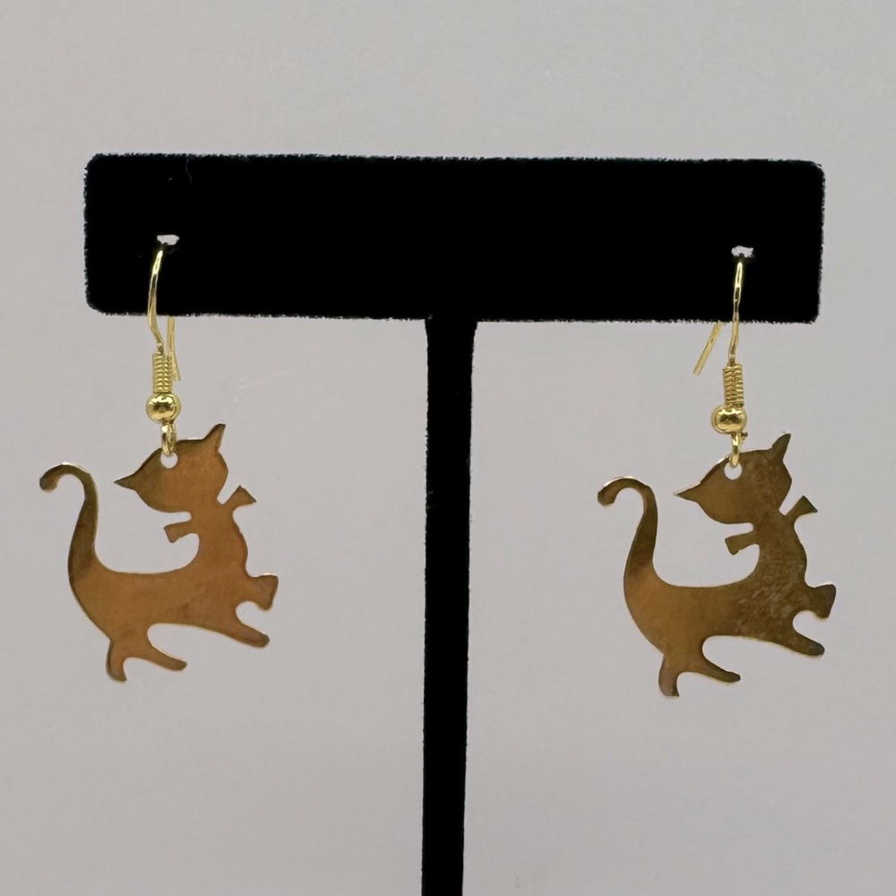 VINTAGE Gold-Tone Cat Dangle Earrings